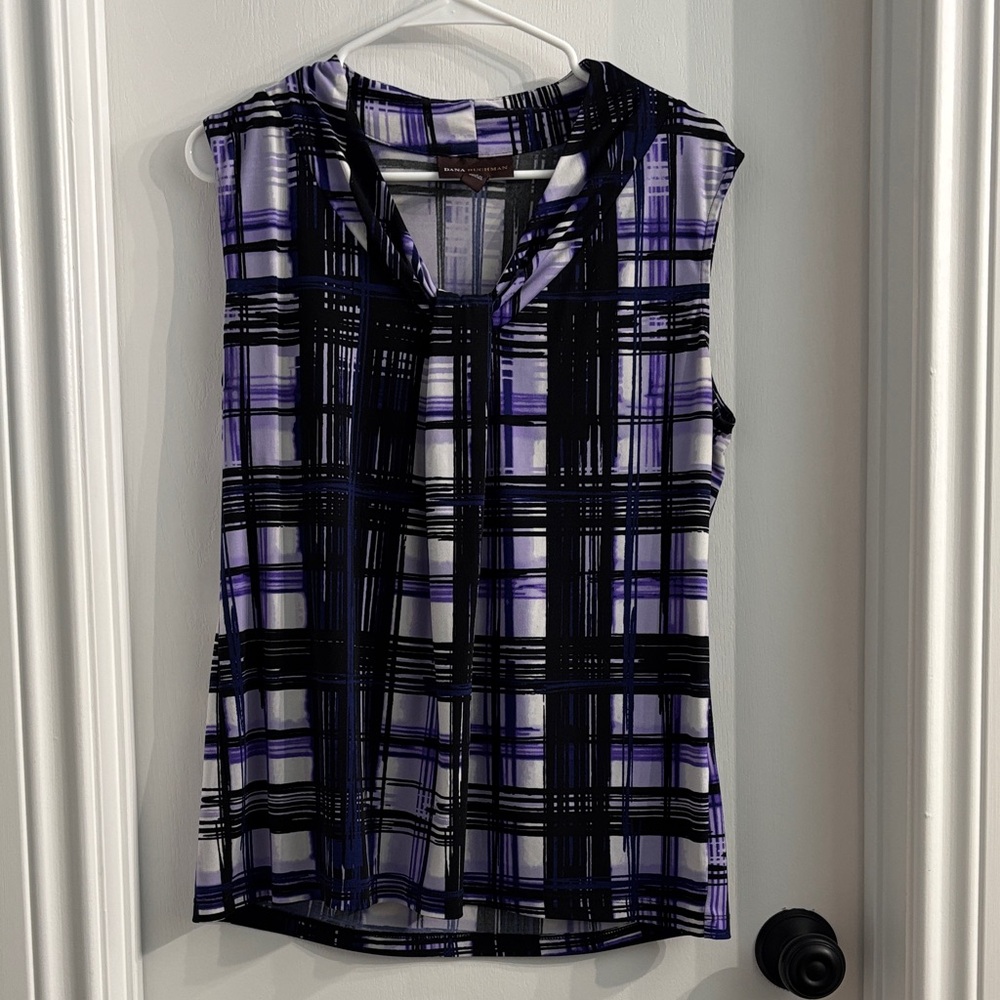 Dana Buchman Black and Purple Plaid Sleeveless Blouse
